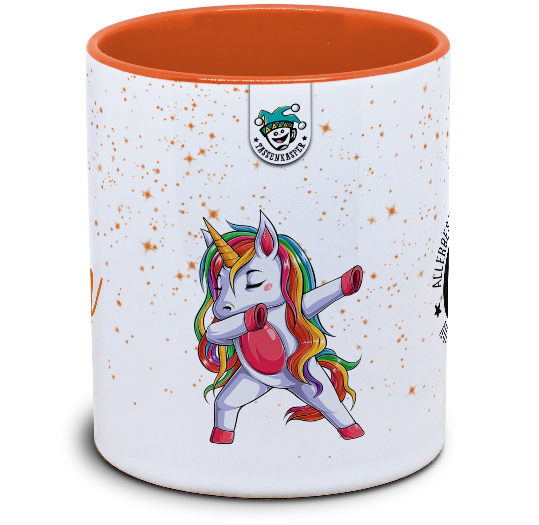 Keramiktasse mit Allerbeste/r ... auf der ganzen Welt - mit dabbing Einhorn Motiv von Tassenkasper