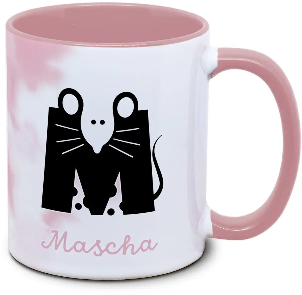 Keramiktasse mit Buchstaben mit Namen und abstrakten Tieren Motiv von Tassenkasper