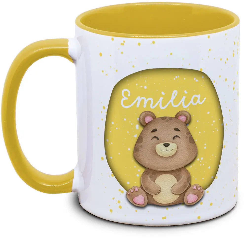 Keramiktasse mit Kinder mit Name und Bär / Teddy Motiv von Tassenkasper