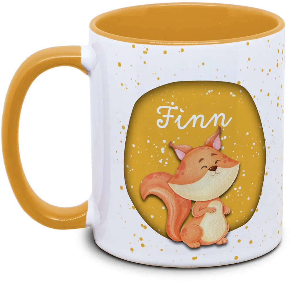 Keramiktasse mit Kinder mit Name und Eichhörnchen Motiv von Tassenkasper