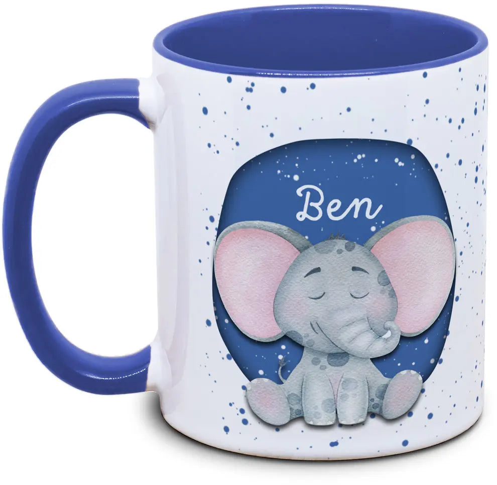 Keramiktasse mit Kinder mit Name und Elefant Motiv von Tassenkasper
