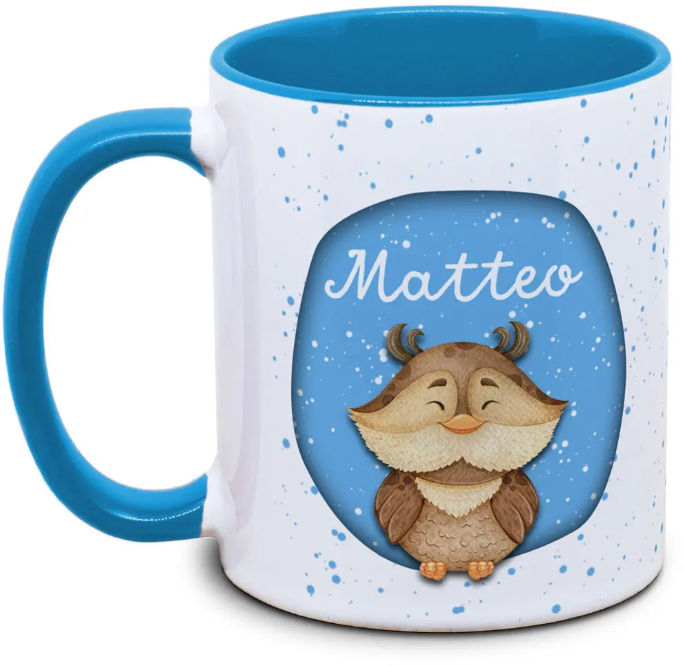 Keramiktasse mit Kinder mit Name und Eule / Uhu Motiv von Tassenkasper