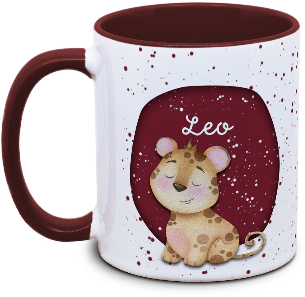 Keramiktasse mit Kinder mit Name und Leopard Motiv von Tassenkasper
