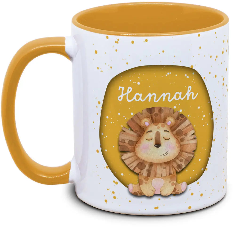 Keramiktasse mit Kinder mit Name und Löwe Motiv von Tassenkasper
