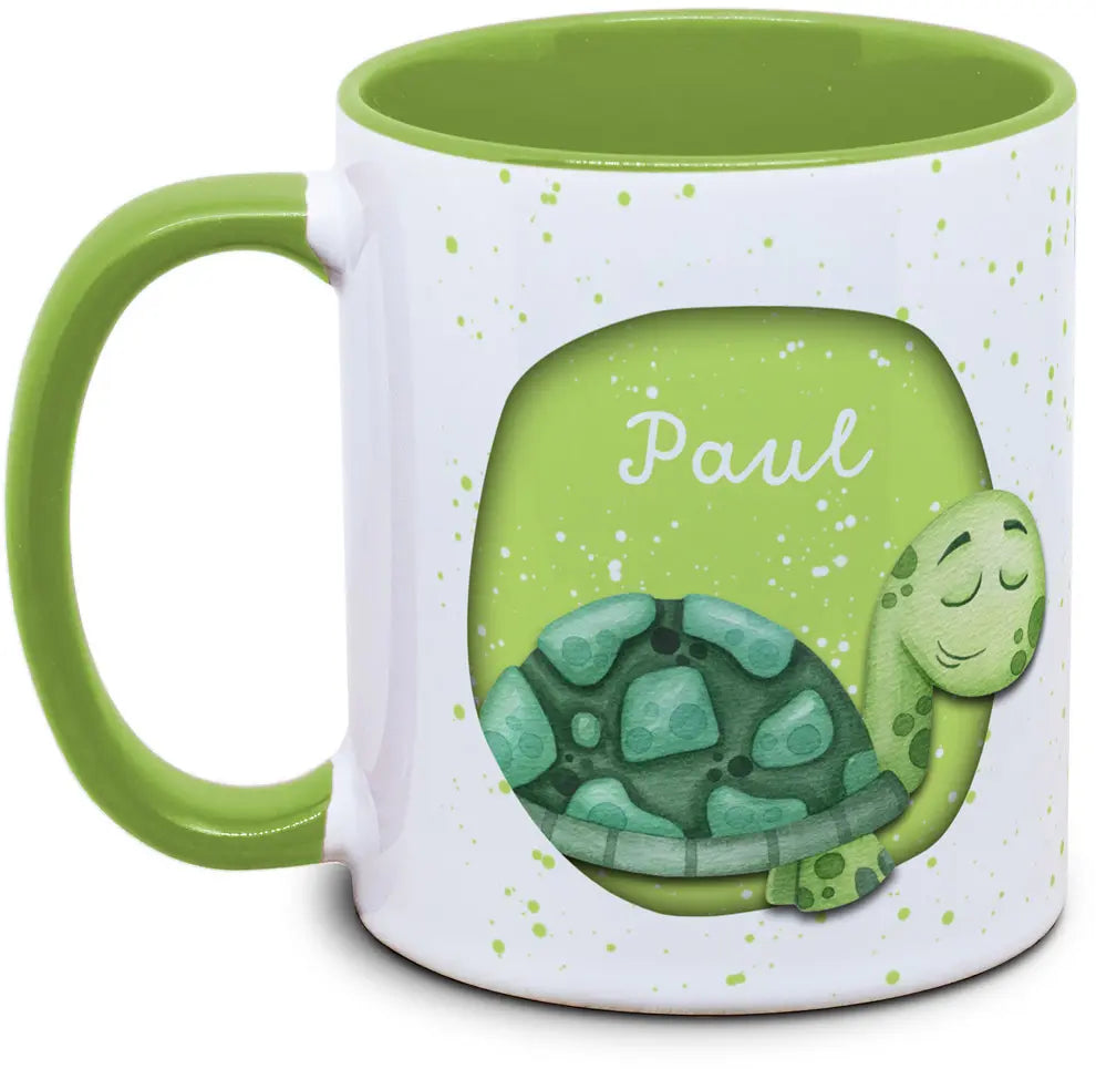 Keramiktasse mit Kinder mit Name und Schildkröte Motiv von Tassenkasper