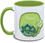 Keramiktasse mit Kinder mit Name und Schildkröte Motiv von Tassenkasper