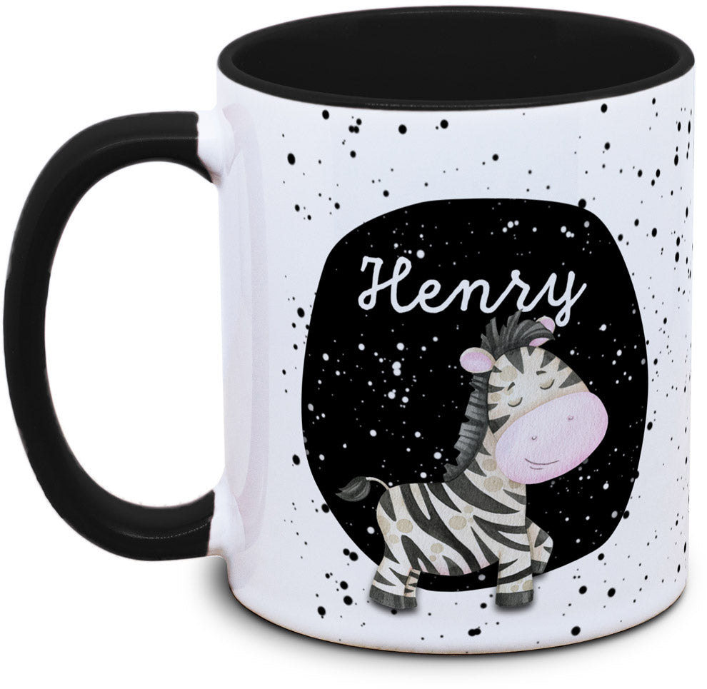 Keramiktasse mit Kinder mit Name und Zebra Motiv von Tassenkasper