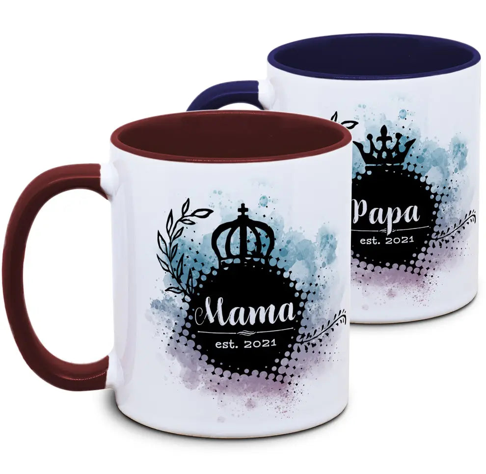 Keramiktasse mit Mama & Papa est. (2er-Set) Motiv von Tassenkasper