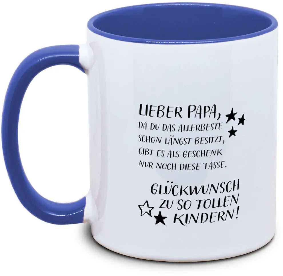 Keramiktasse mit Lieber Papa, Glückwunsch zu so tollen Kindern Motiv von Tassenkasper
