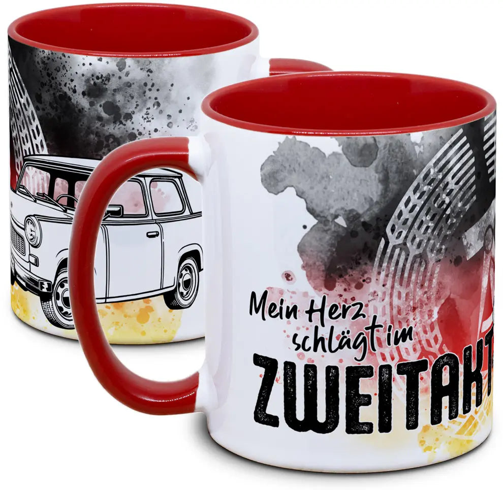 Keramiktasse mit DDR Trabant - Mein Herz schlägt im Zweitakt Motiv von Tassenkasper