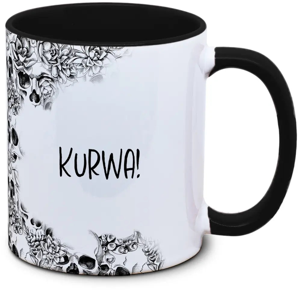 Tasse Totenkopf und Spruch: "KURWA!"