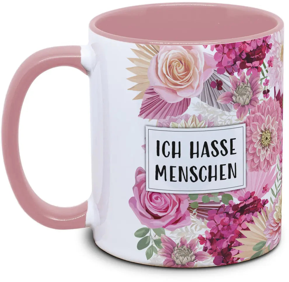 Keramiktasse mit Blume: Ich hasse Menschen Motiv von Tassenkasper