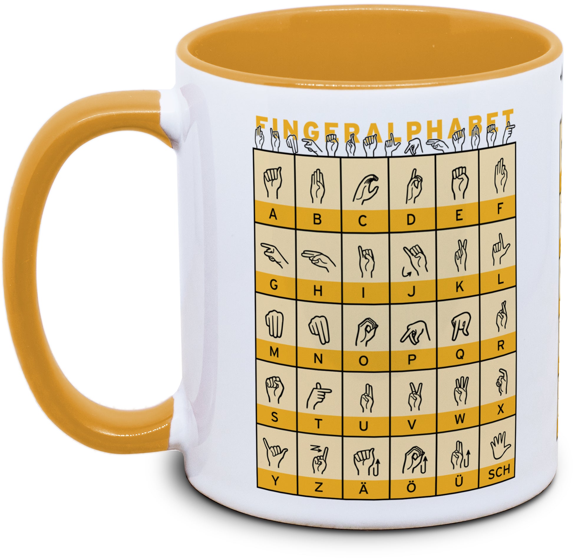 Keramiktasse mit Fingeralphabet Motiv von Tassenkasper