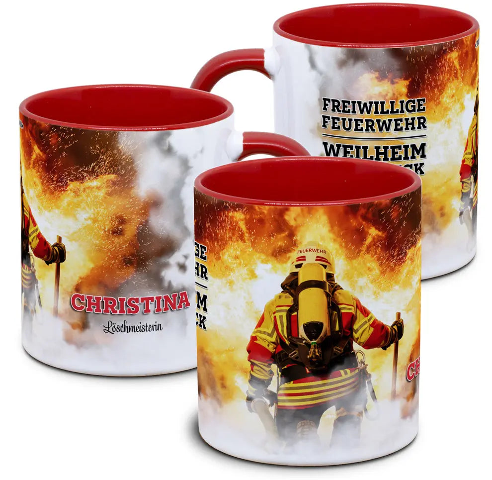 Feuerwehrtasse mit Name, Dienstgrad, Art und Ort der Feuerwehr