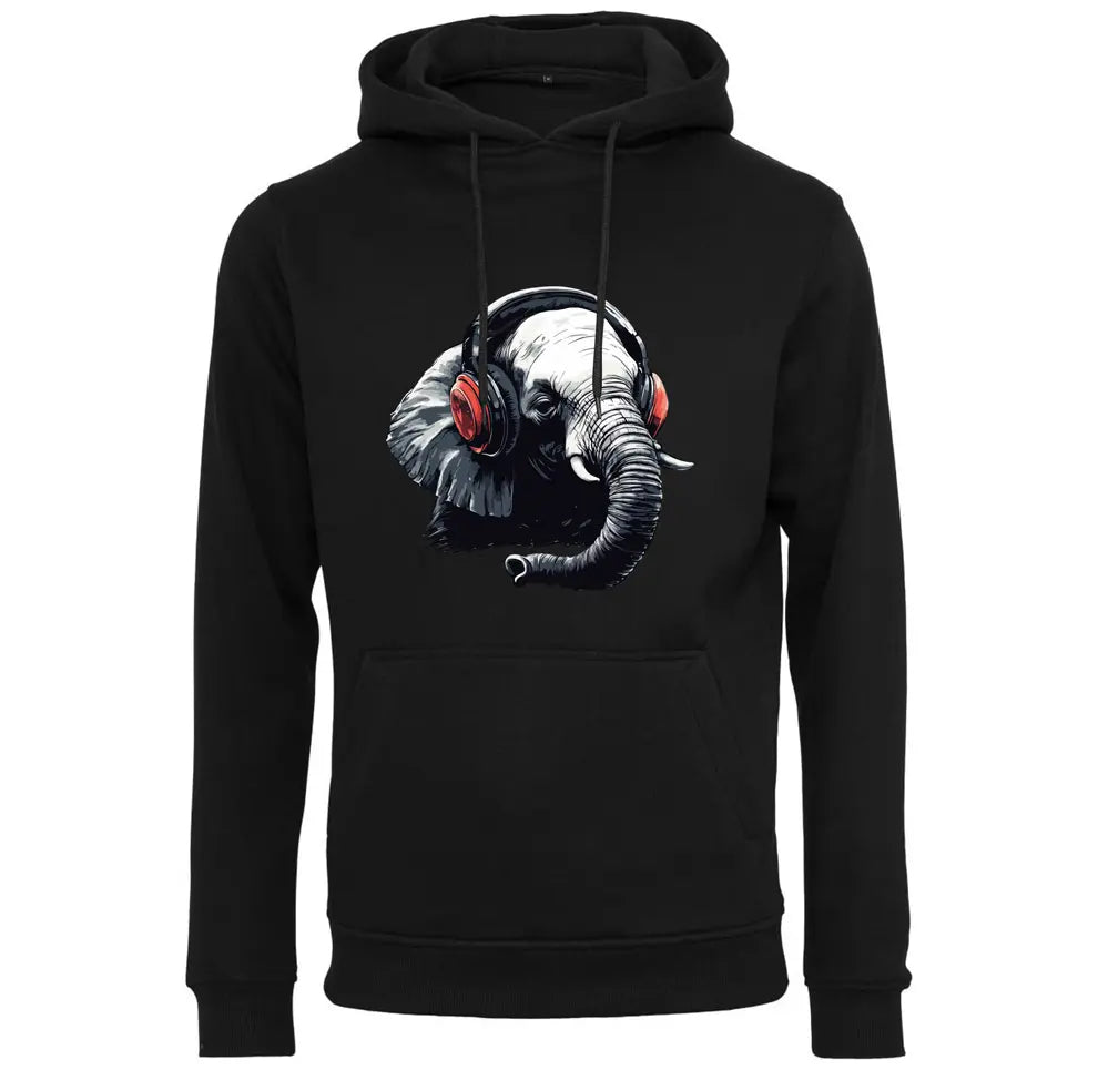 Kapuzenpullover mit Elefant mit Kopfhörer Motiv von Tassenkasper