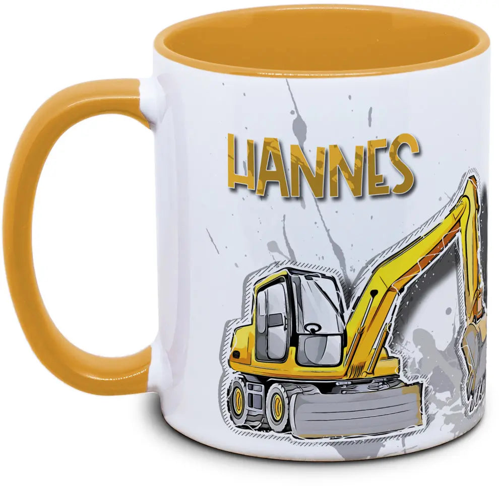 Keramiktasse mit Kinder mit Bagger und eigenem Name Motiv von Tassenkasper