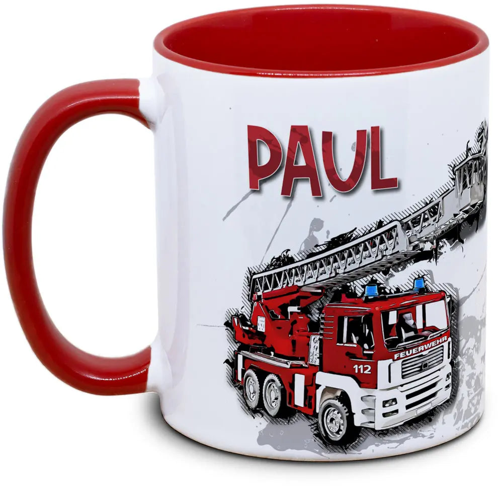 Keramiktasse mit Kinder mit Feuerwehr und eigenem Name Motiv von Tassenkasper