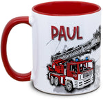 Keramiktasse mit Kinder mit Feuerwehr und eigenem Name Motiv von Tassenkasper