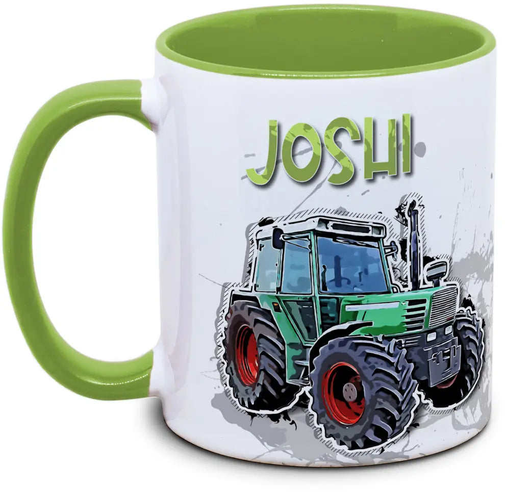 Keramiktasse mit Kinder mit Traktor und eigenem Name Motiv von Tassenkasper