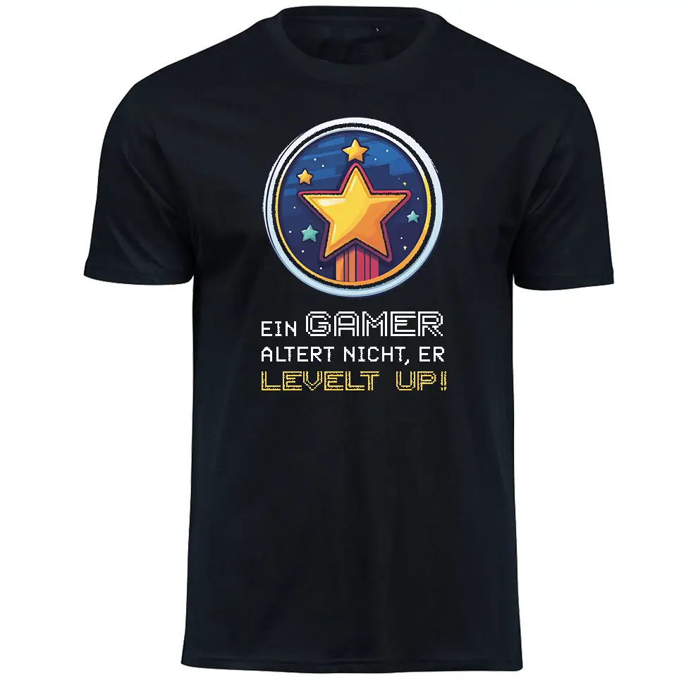 T-Shirt mit Gaming: Ein GAMER altert nicht, er LEVELT UP! Motiv von Tassenkasper