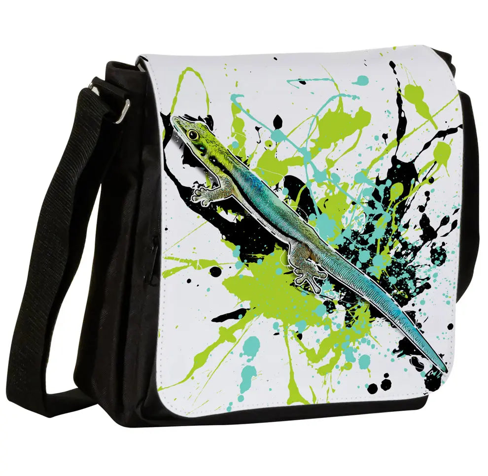 Schultertasche mit Phelsuma klemmeri / Blauer Bambus - Taggecko Motiv von Tassenkasper