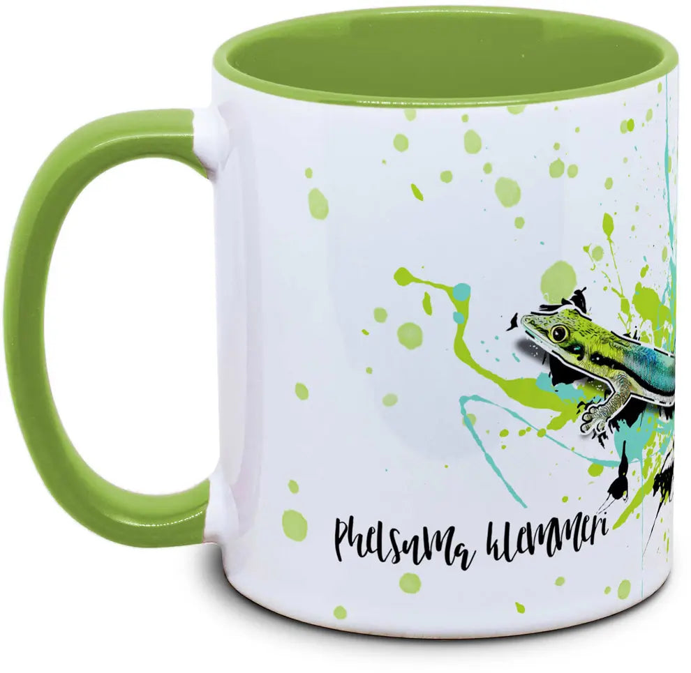 Tasse mit Phelsuma klemmeri blauer Bambus Taggecko  Seitenansicht rechts des Henkels