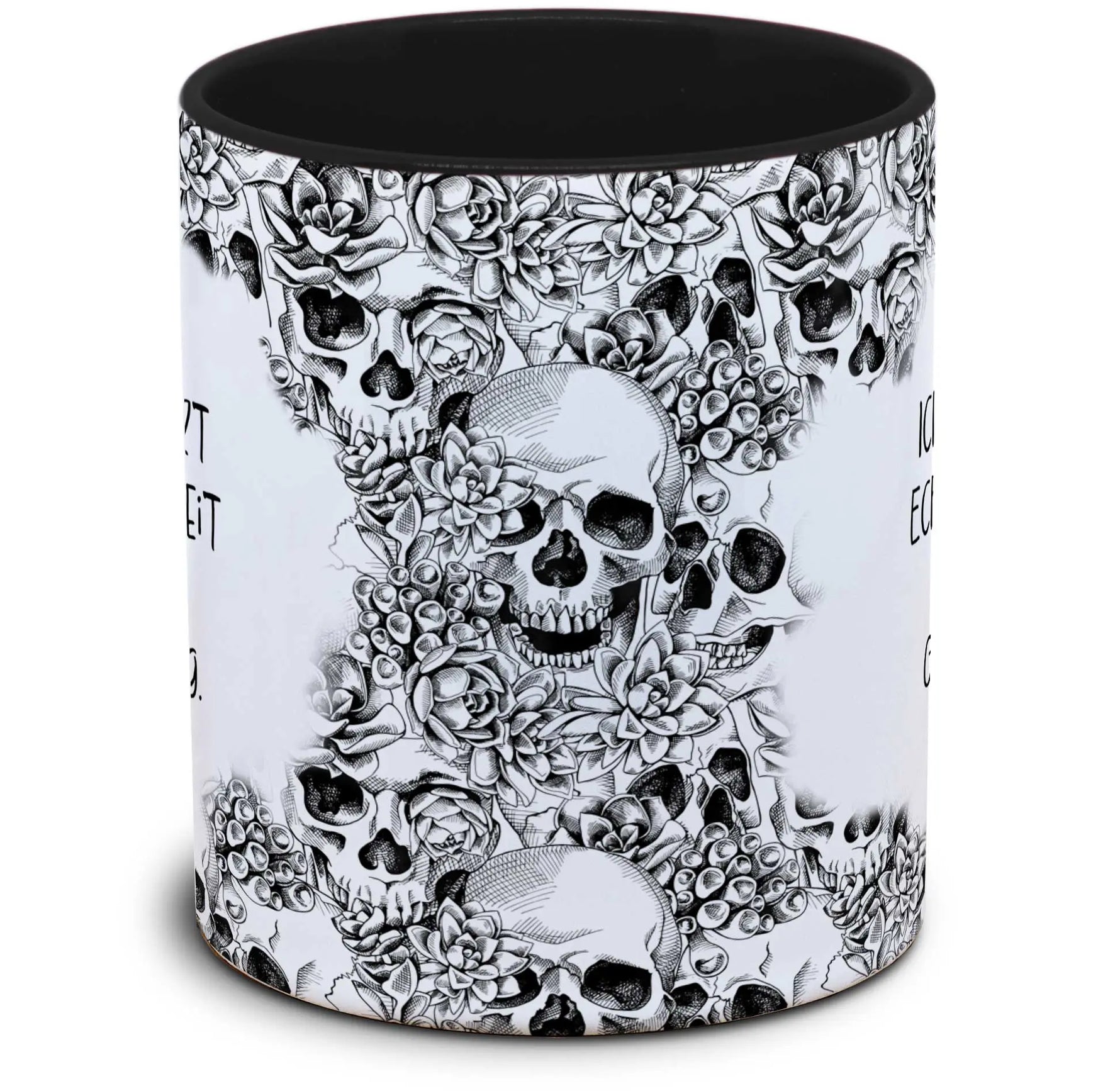 Tasse Totenkopf und Spruch: "Ich hab' echt keine Zeit für dieses Geduldsding."