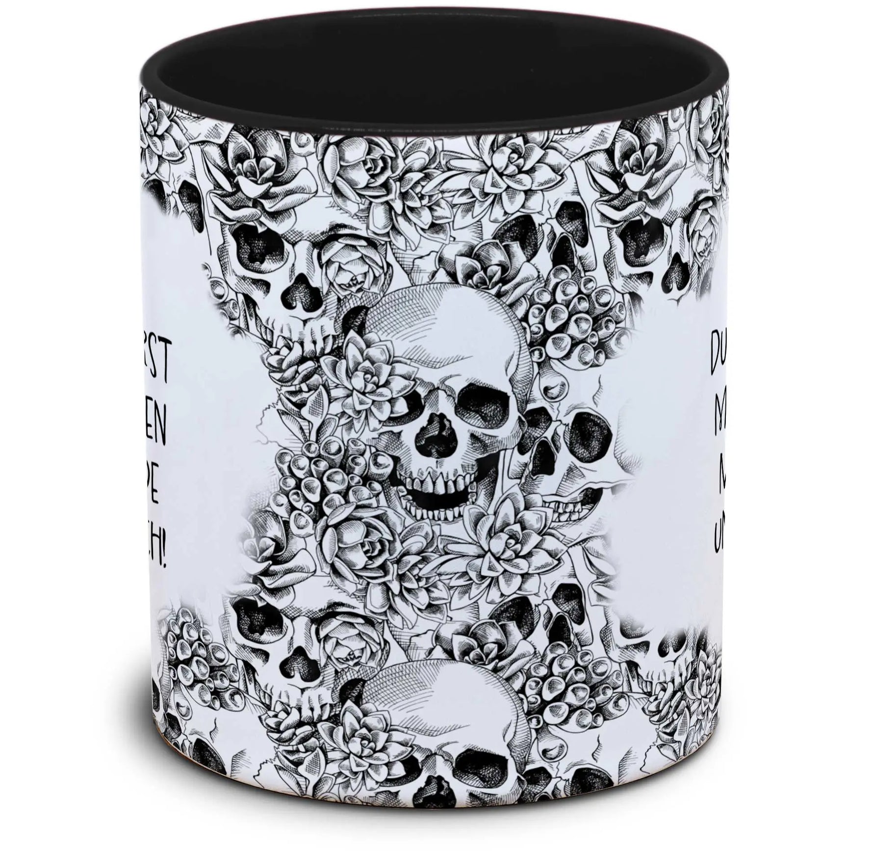 Tasse Totenkopf und Spruch: "Du strapazierst meinen inneren Monk gerade ungeheuerlich!"