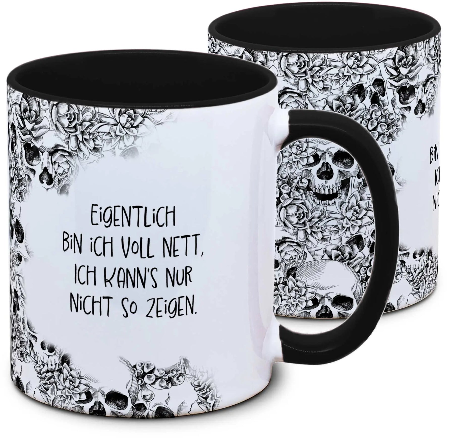 Keramiktasse mit Totenkopf: Eigentlich bin ich voll nett, ich kann´s nur nicht so zeigen. Motiv von Tassenkasper