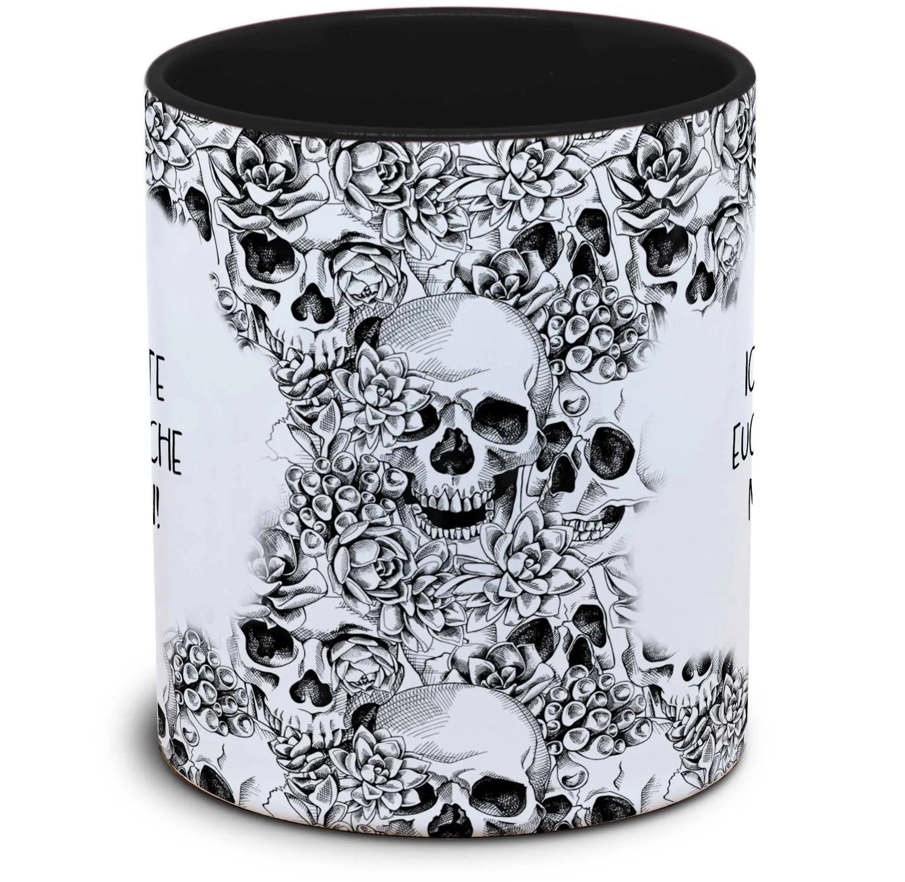 Tasse Totenkopf und Spruch: "Ich beobachte euch und mache mir Notizen!"