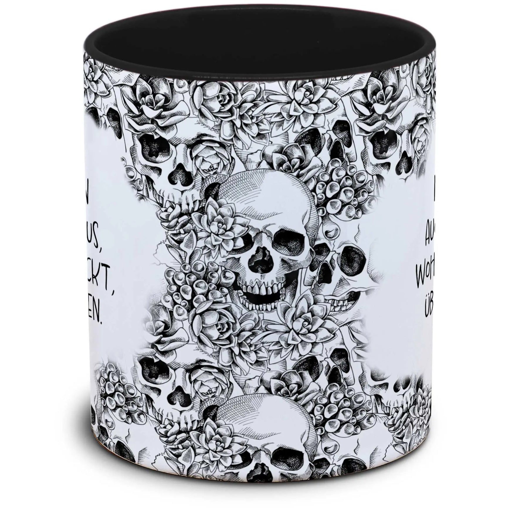 Tasse Totenkopf und Spruch: "Ich leide an Augen-Tinnitus, wohin man blickt, überall Pfeifen."