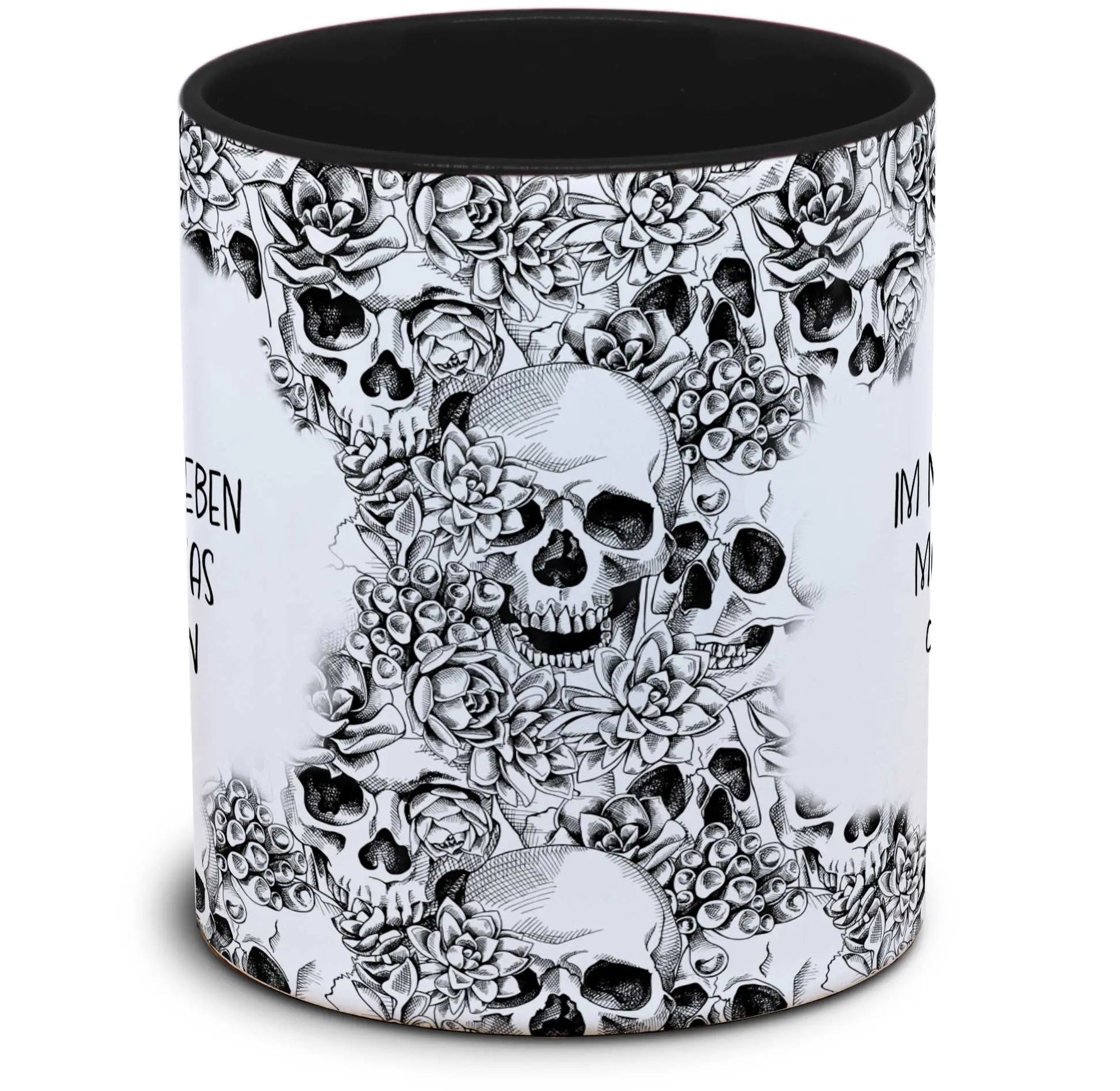 Tasse Totenkopf und Spruch: "Im nächsten Leben mache ich was ohne Idioten"