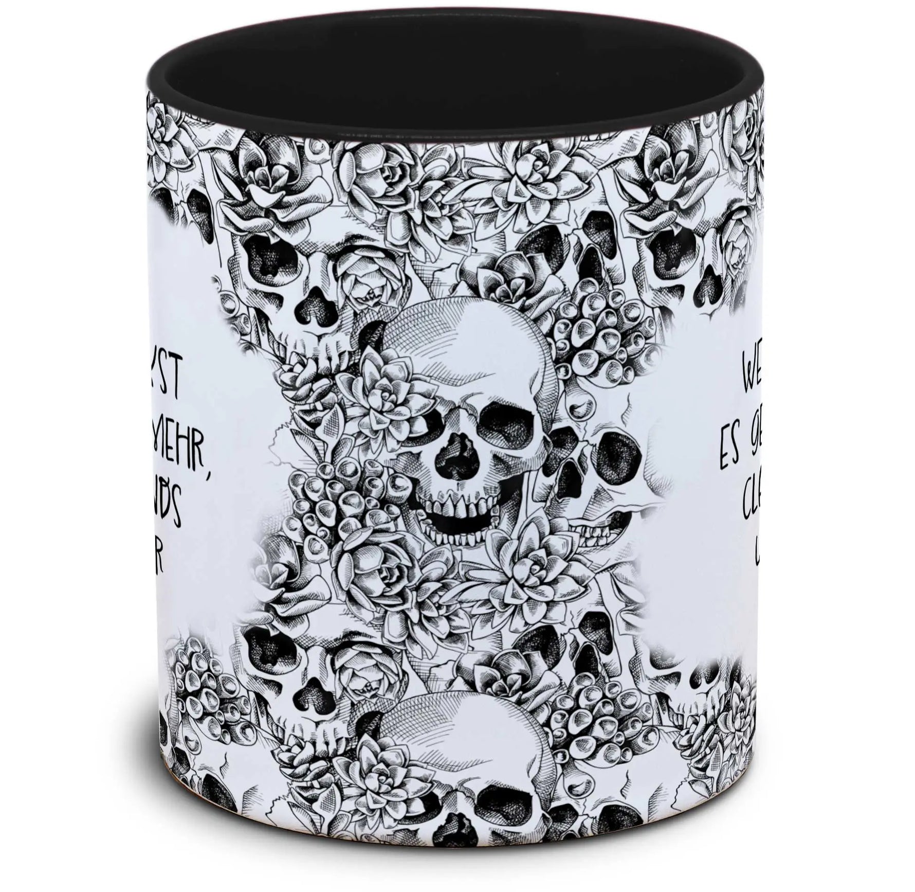Tasse Totenkopf und Spruch: "Wenn du denkst es geht nicht mehr, clap your hands up in the air"