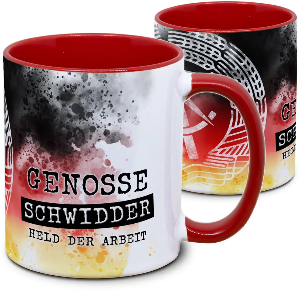 Keramiktasse mit DDR Held der Arbeit Motiv von Tassenkasper
