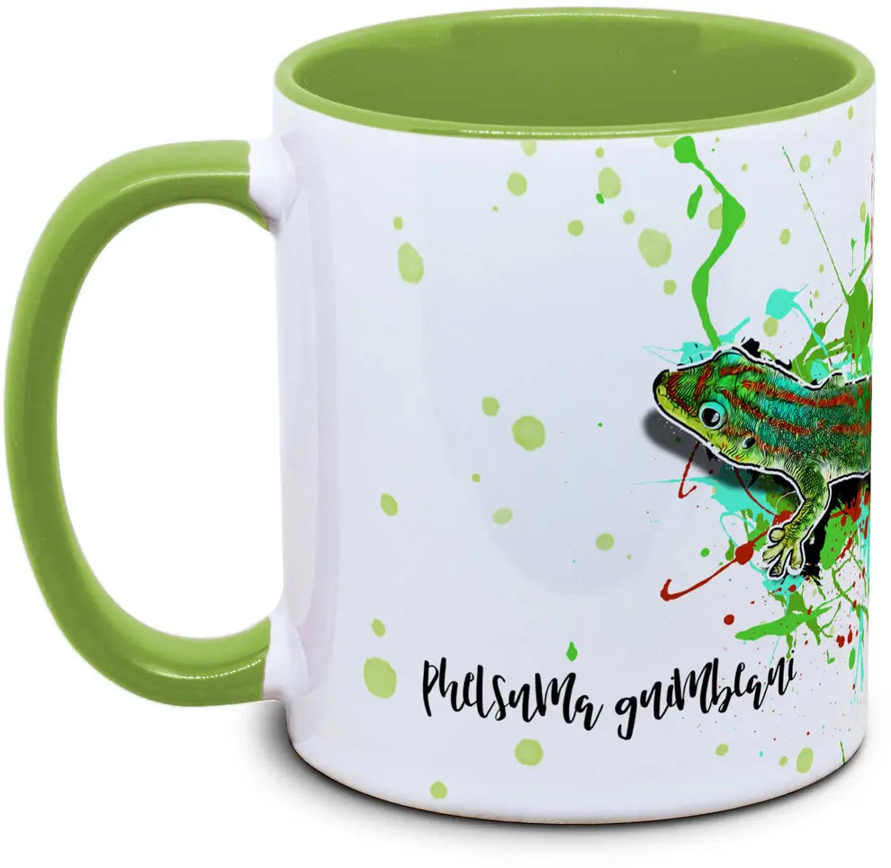 Tasse mit Phelsuma guimbeaui Mauritius Tieflandwald Taggecko Seitenansicht rechts des Henkels