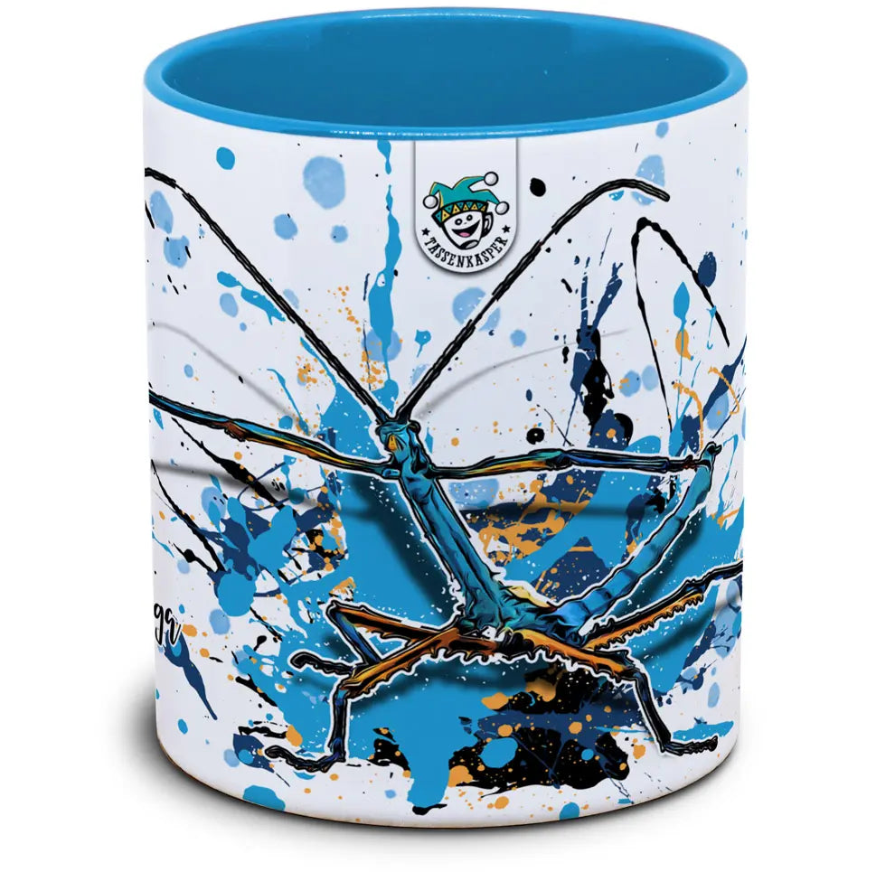 Keramiktasse mit Achrioptera manga / Türkisblaue Riesenstabschrecke Motiv von Tassenkasper